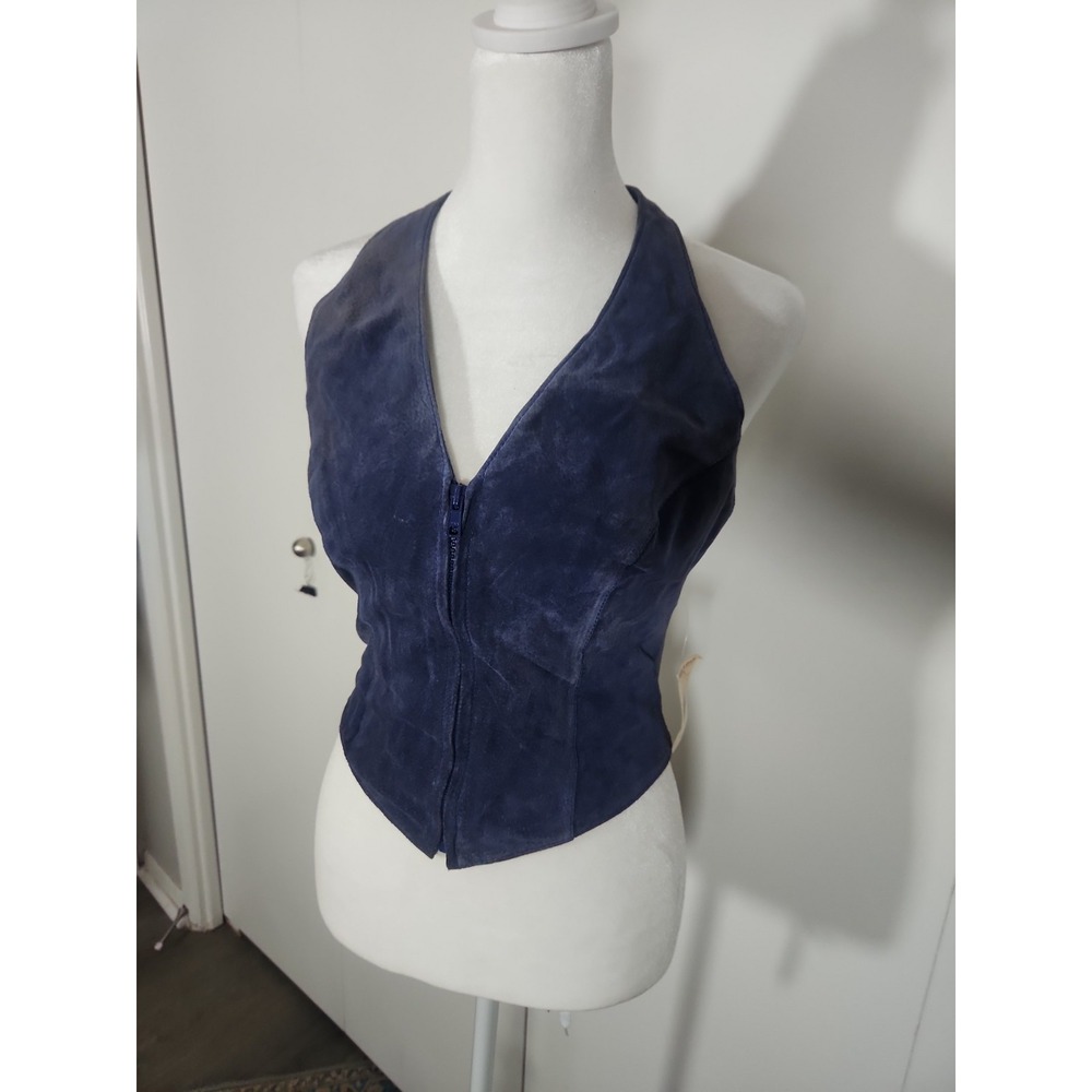 Vintage Wilsons Leather Tank Top Size Small-Blue Suede- Halter Zip Up Festival